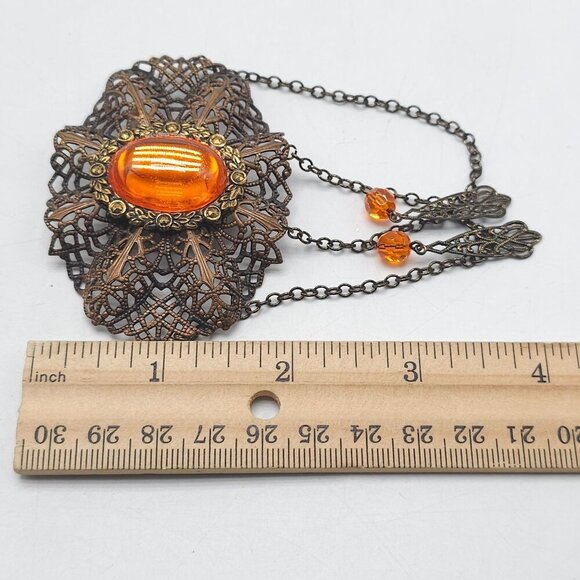Vintage Czecho Art Deco Filigree Brooch Pin With Amber Glass Cabochon Chains - Picture 4 of 4